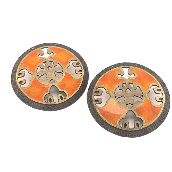 Brass and Enamel Round Pierce Cutout Earrings Round Post Back 2 Inch - Picture 1 of 5